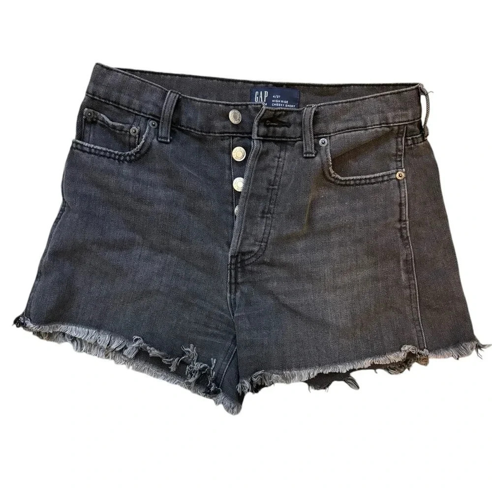 Gap High Rise Cheeky Black Denim Raw Hem Jean Shorts Button Fly Size 4 27